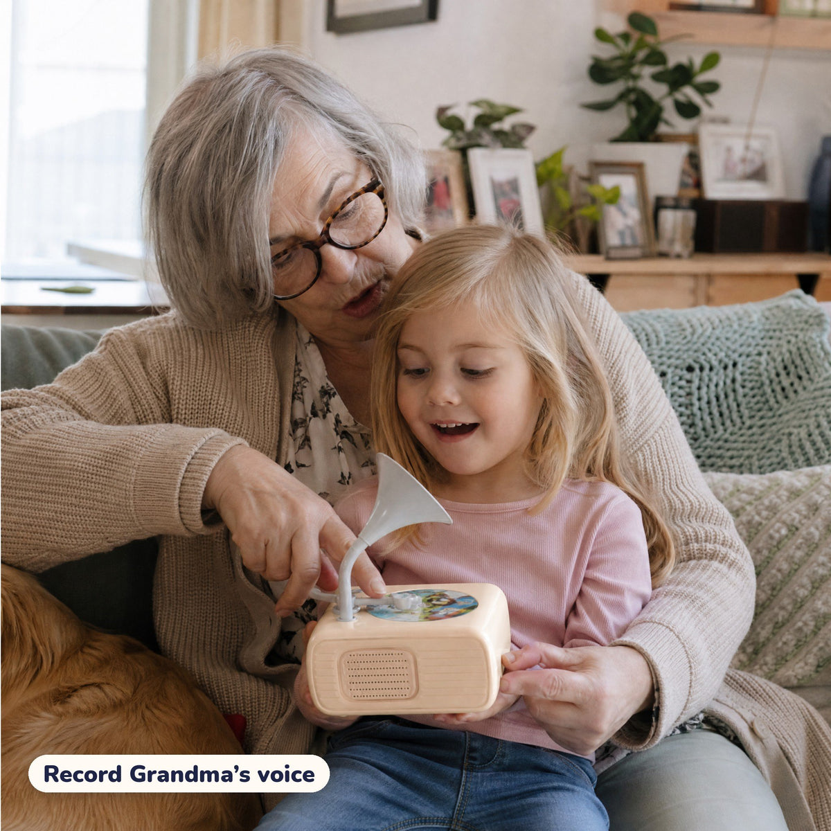 A grandmother recording her voice on the Storyhorn with her granddaughter