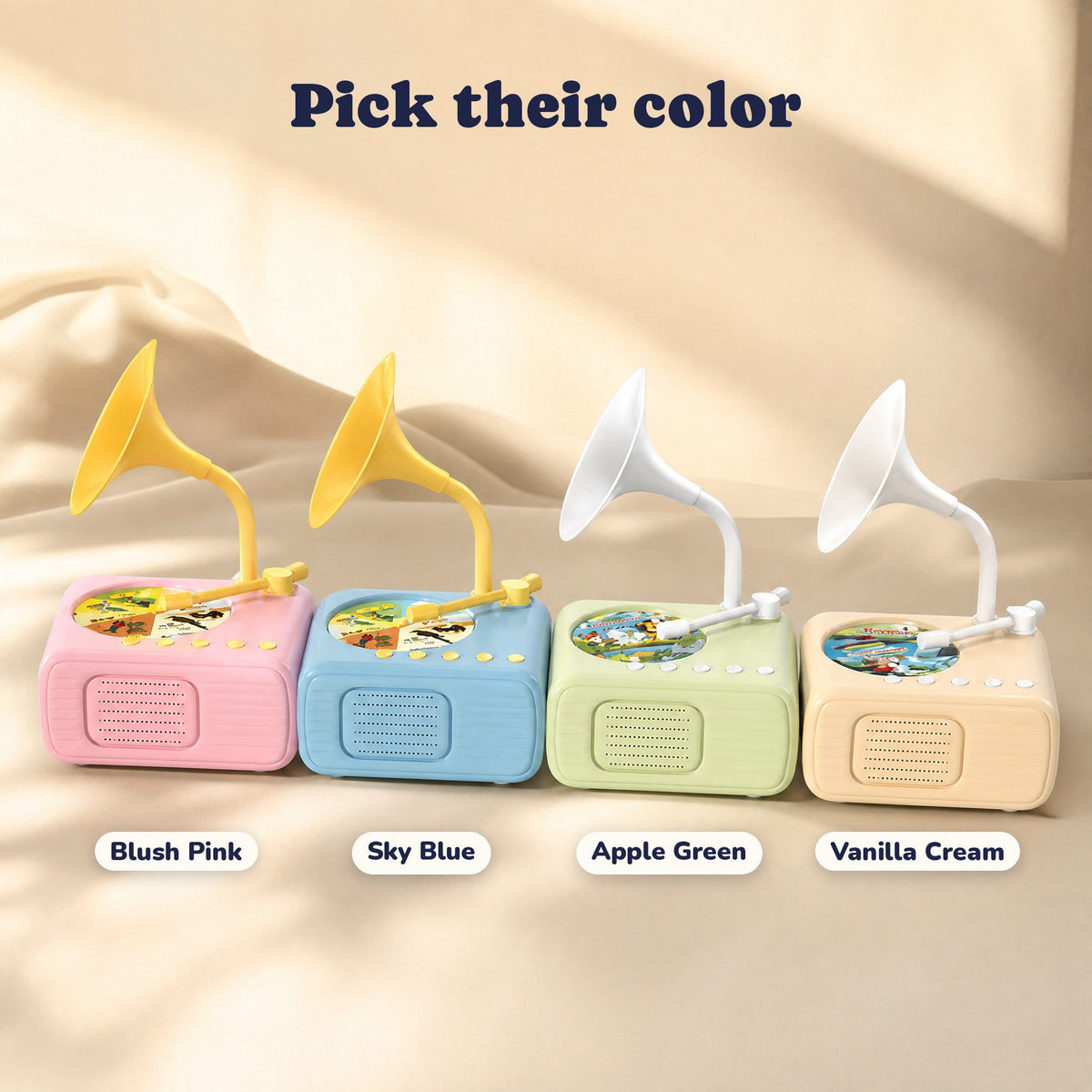 Storyhorn in Blush Pink, Sky Blue, Apple Green and Vanilla Cream