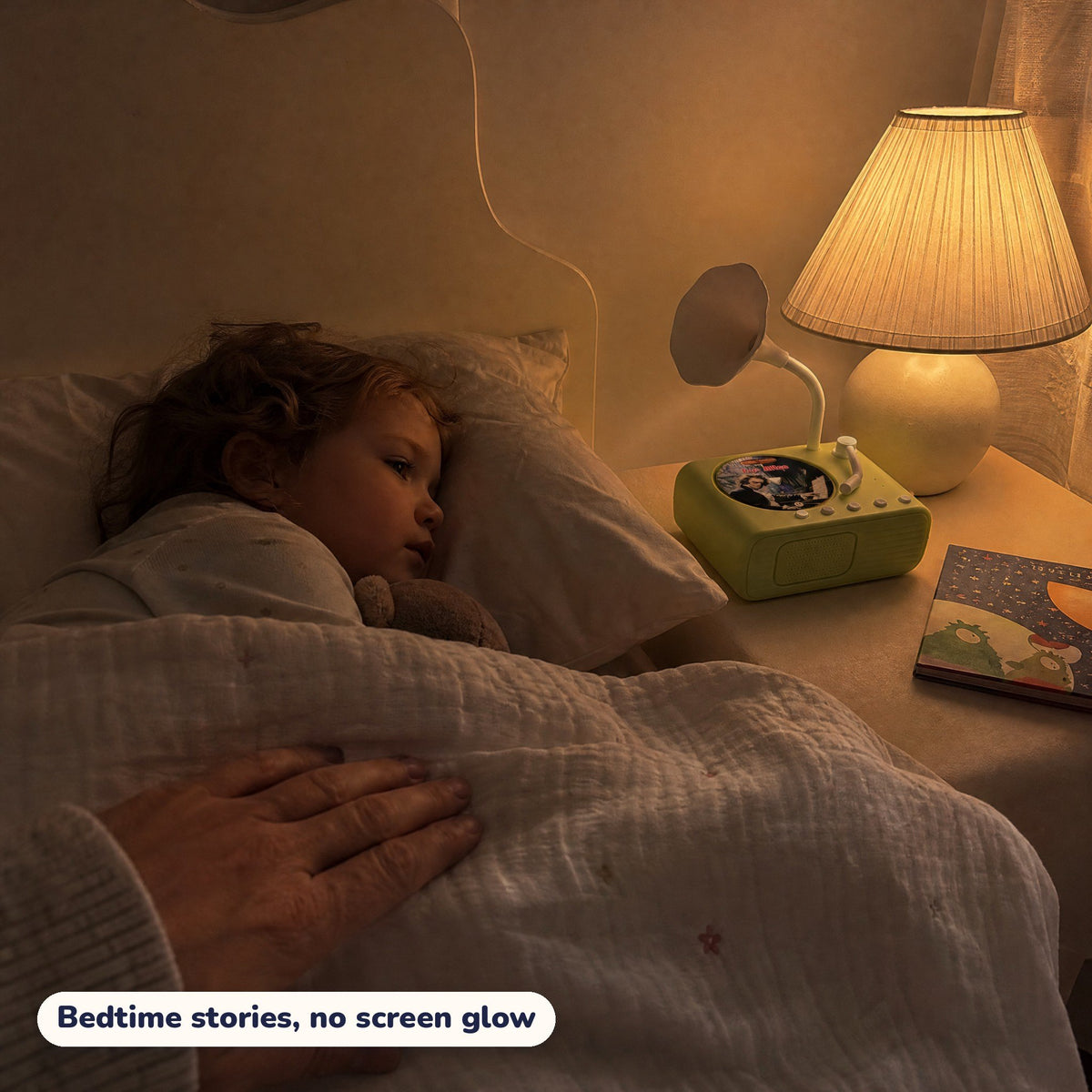 Storyhorn playing a bedtime story on a nightstand