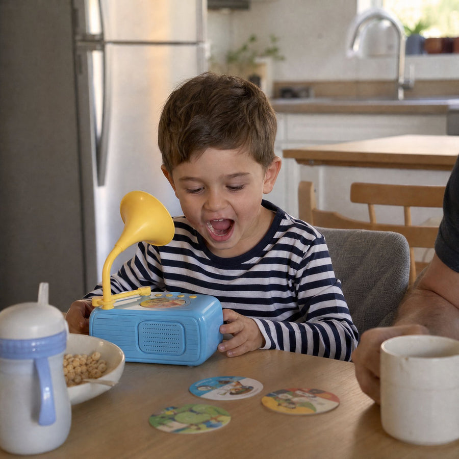 Boy singing along to Storyhorn at breakfast