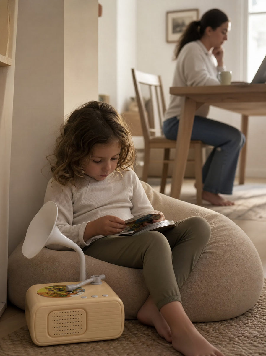 Girl listening to Storyhorn while her mom works