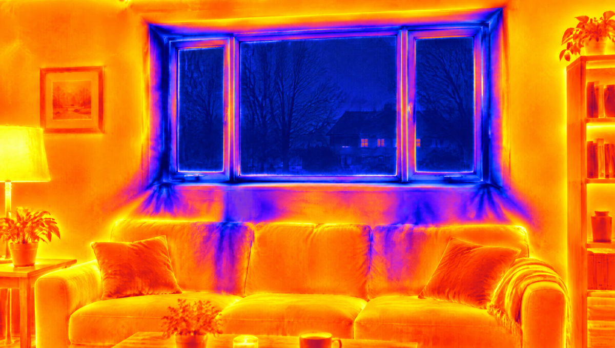 Thermal view of a living room window leaking cold air