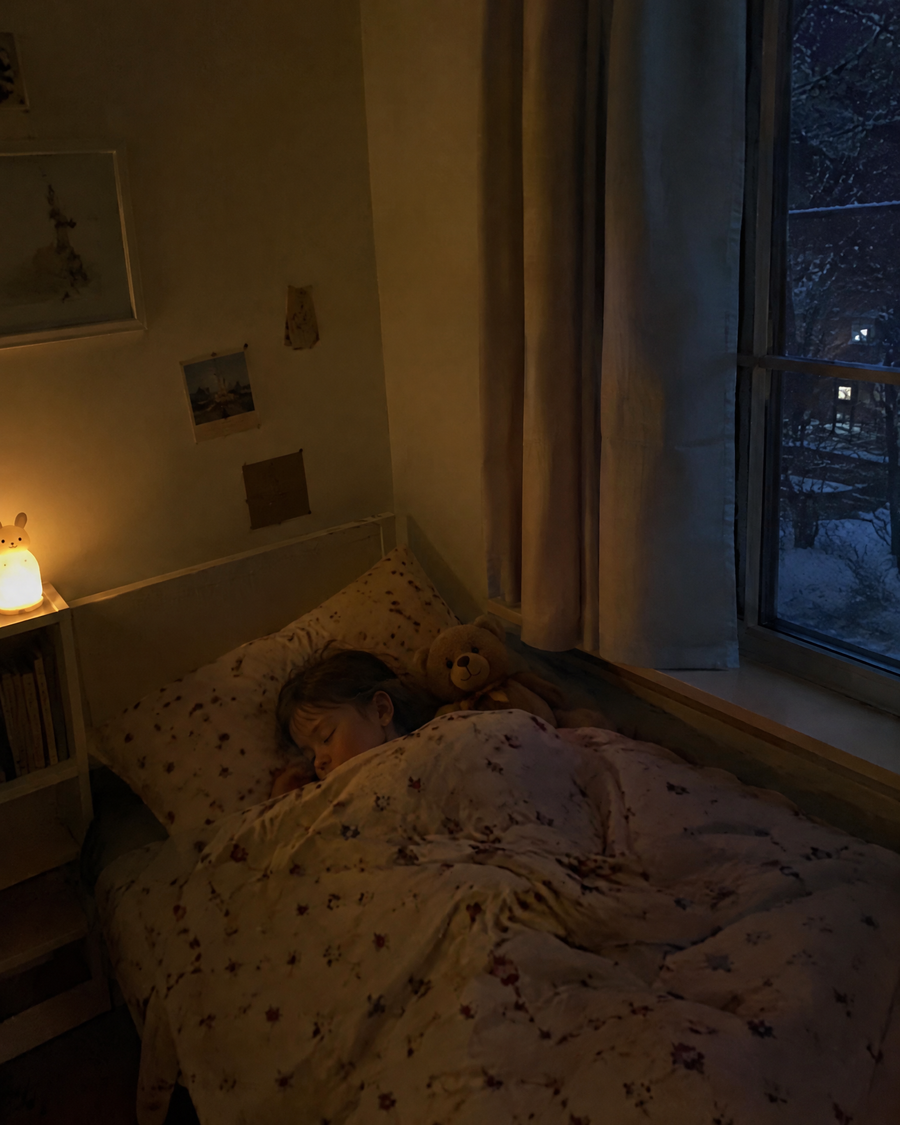 The window stops whistling. Everyone sleeps.