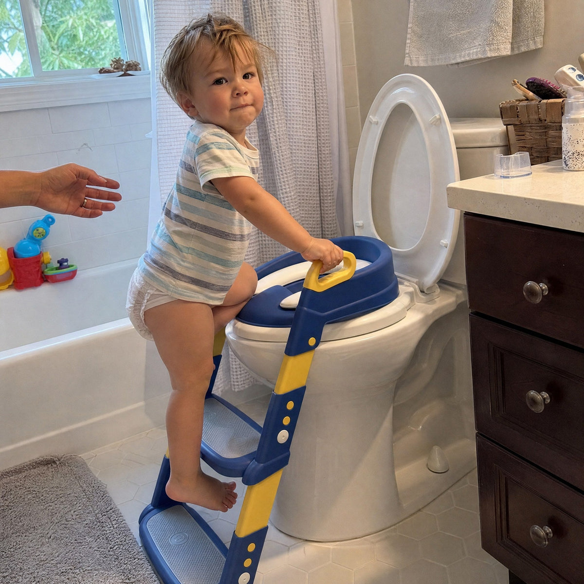 Toddler climbing the tada! step-up ladder seat by himself