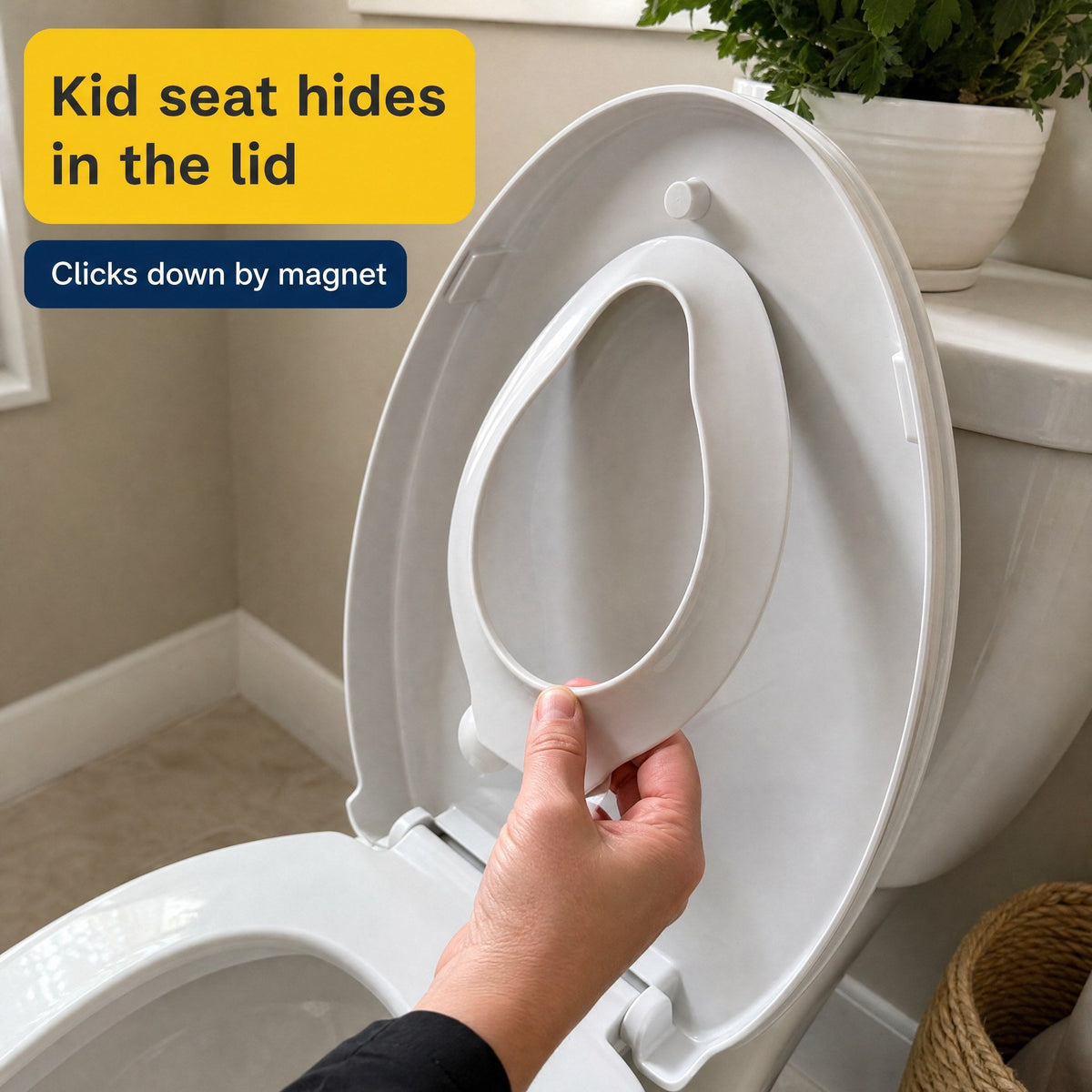 The kid seat hides in the lid and clicks down by magnet