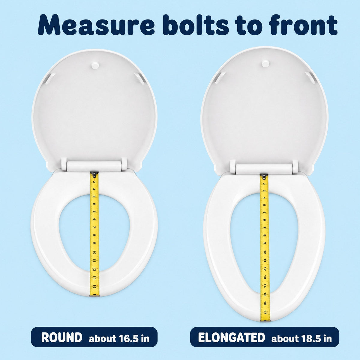 Family seat sizes: round about 16.5 in, elongated about 18.5 in, measured bolts to front