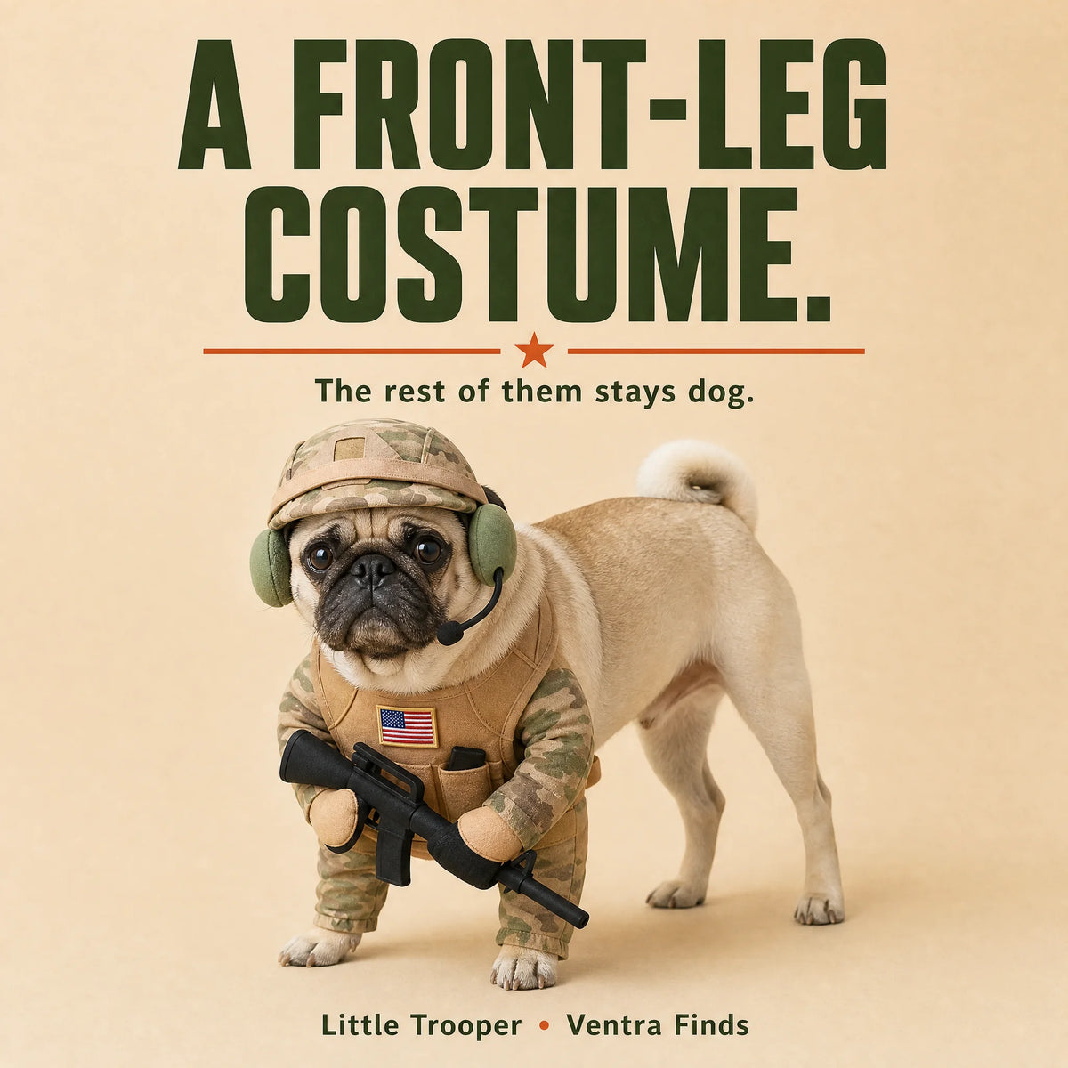 Side view of a pug wearing the front-leg costume with its back and rear legs uncovered