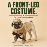Side view of a pug wearing the front-leg costume with its back and rear legs uncovered