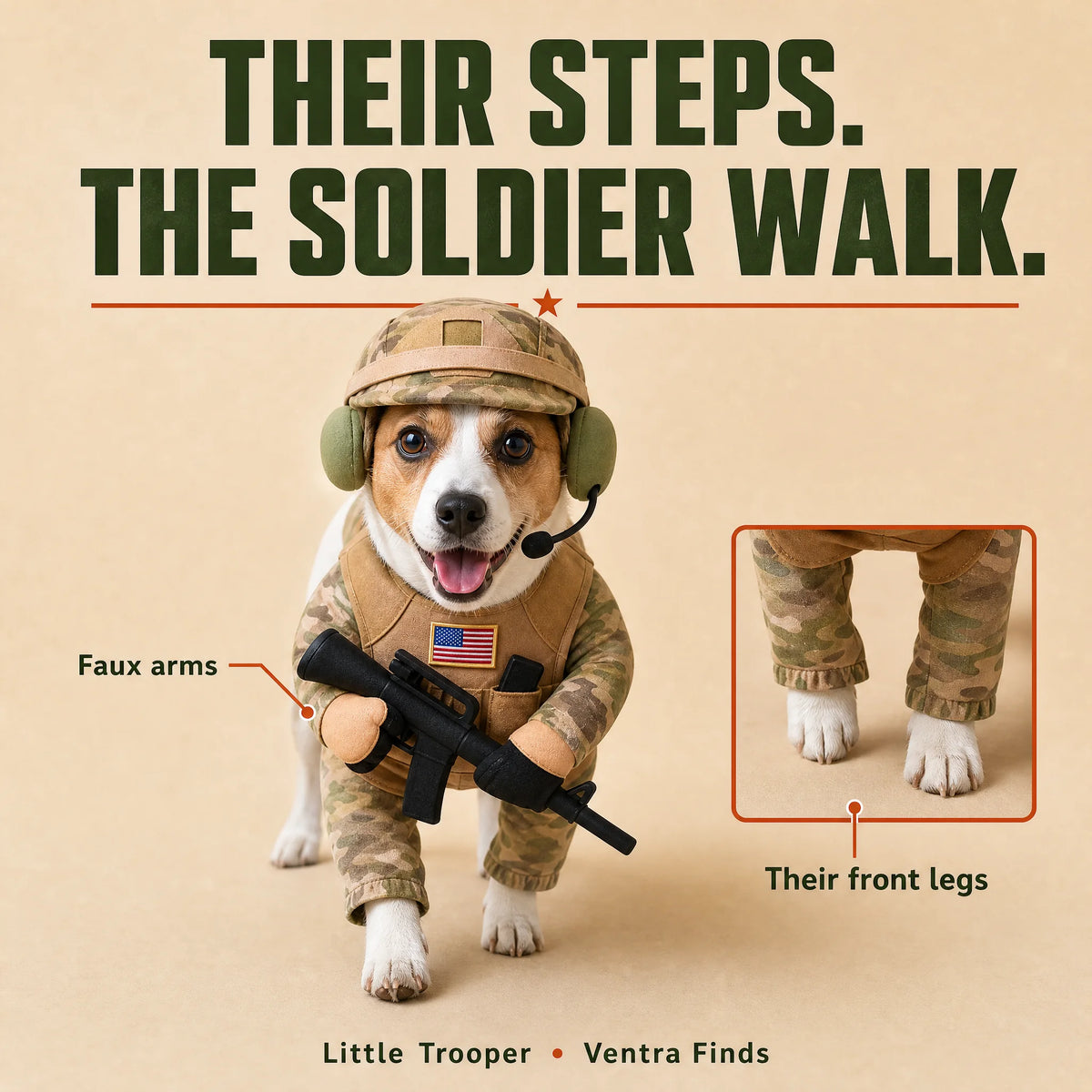 Dog taking a step in the Little Trooper costume, showing faux arms and real front legs