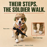 Dog taking a step in the Little Trooper costume, showing faux arms and real front legs