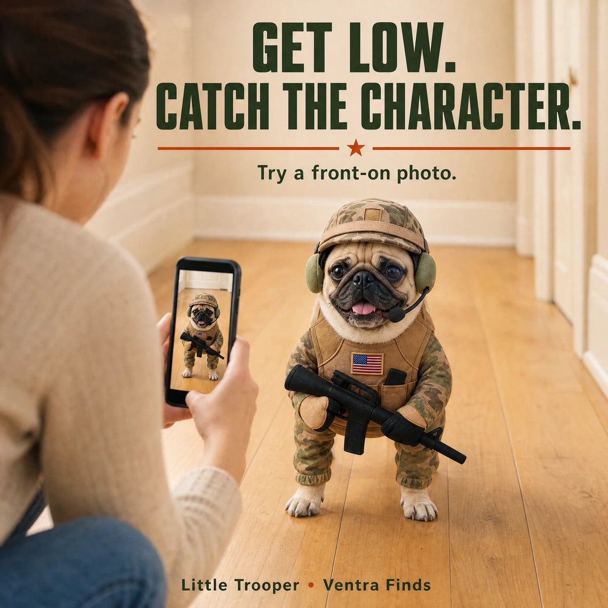 Owner photographing a pug in the costume from the front at dog height