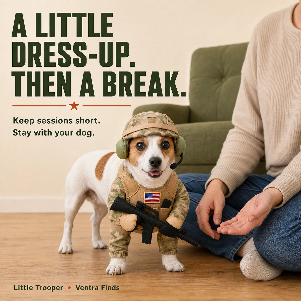 Supervised short dress-up session beside a seated owner