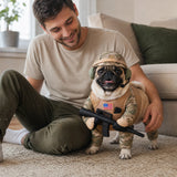 Pug wearing Little Trooper beside its owner