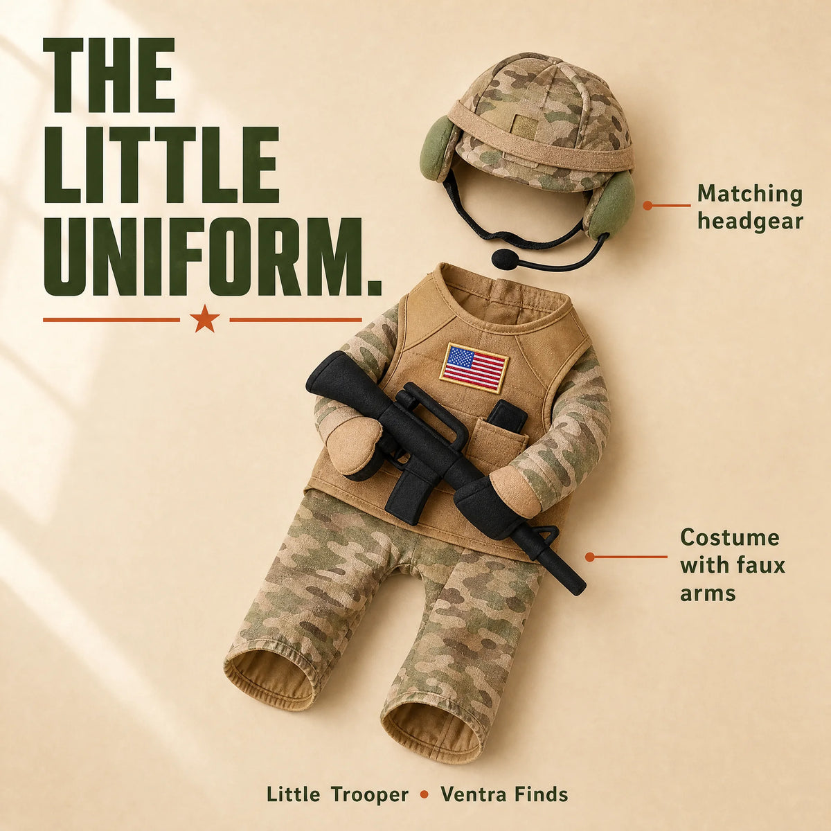 Little Trooper costume and matching camouflage headgear laid out