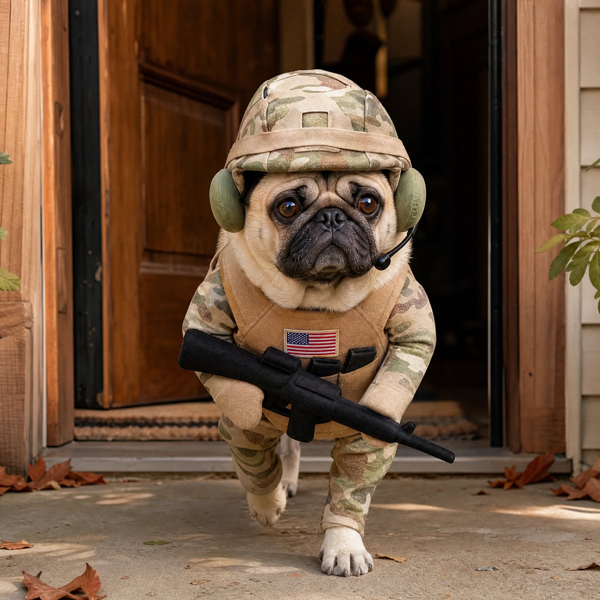 Dog wearing Little Trooper at a doorway