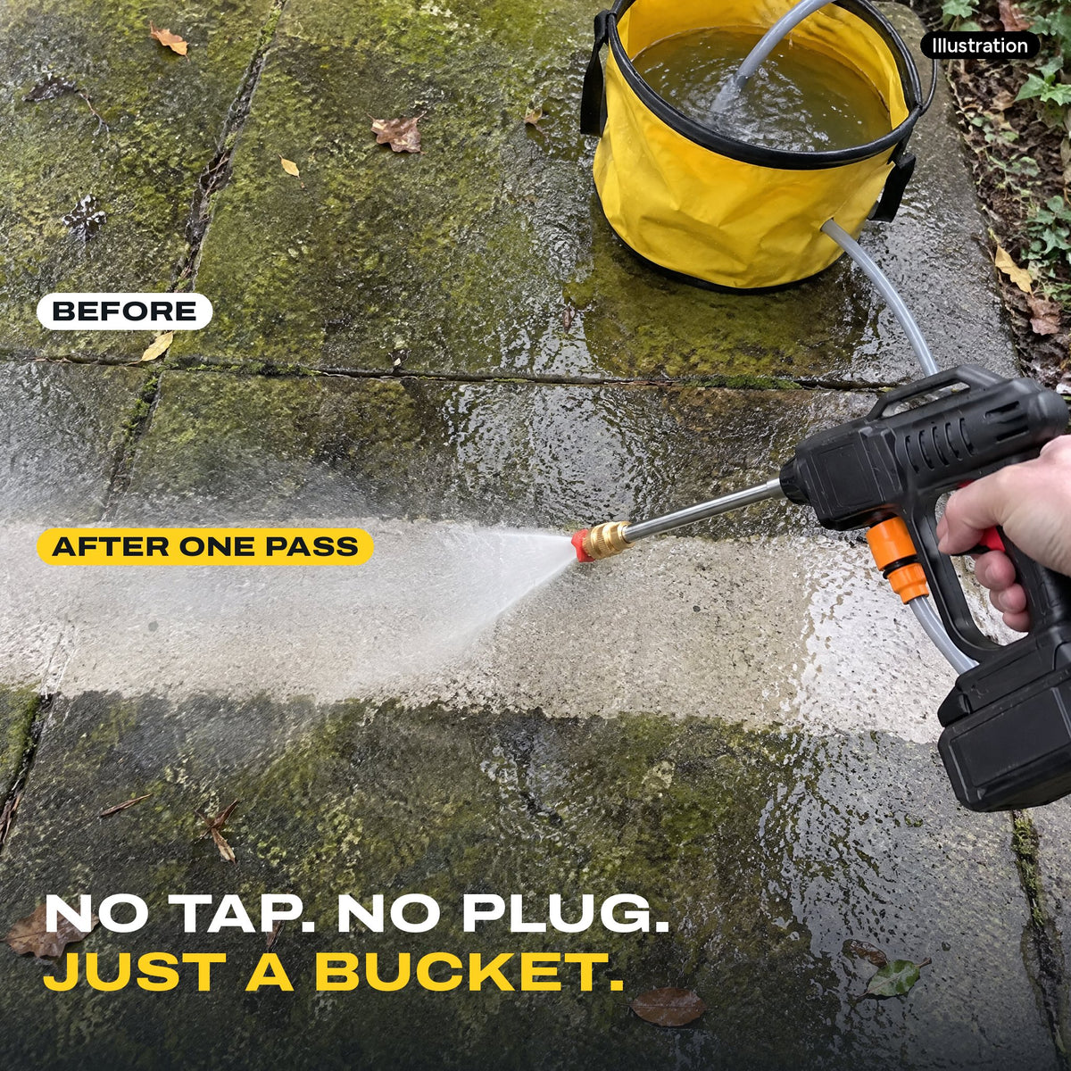 One pass of UNTAP cuts a clean stripe through green patio grime (illustration)