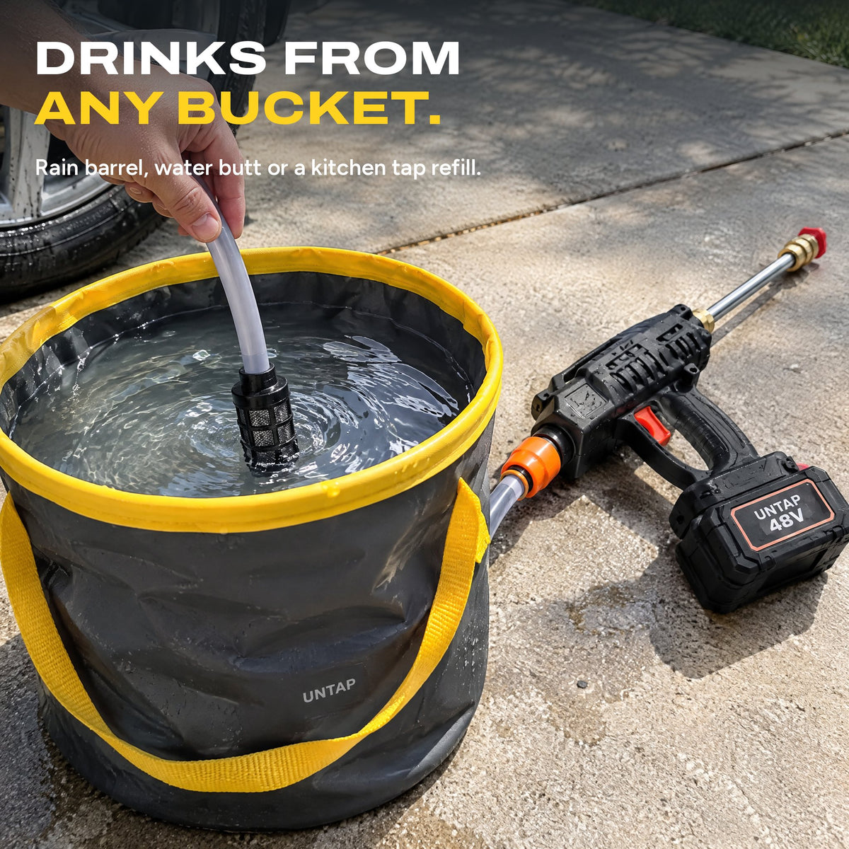 The UNTAP inlet hose drinks water from a bucket, no tap needed