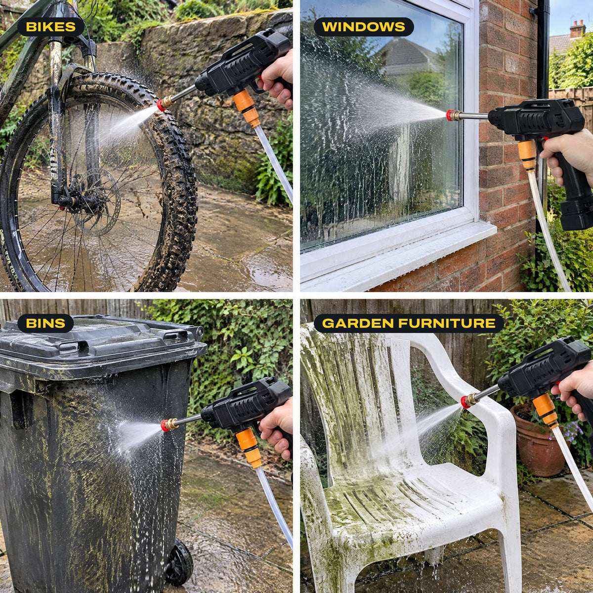 UNTAP cleaning a bike, window, wheelie bin and garden chair