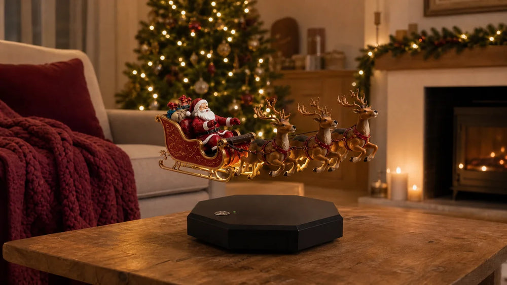 Levitating Santa sleigh displayed in a warm Christmas living room