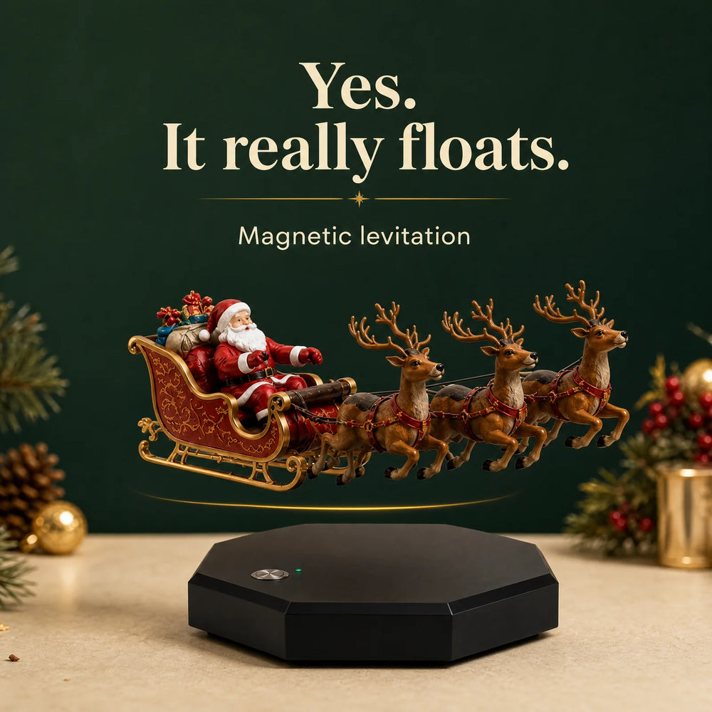 Classic sleigh hovering above its base with levitation details