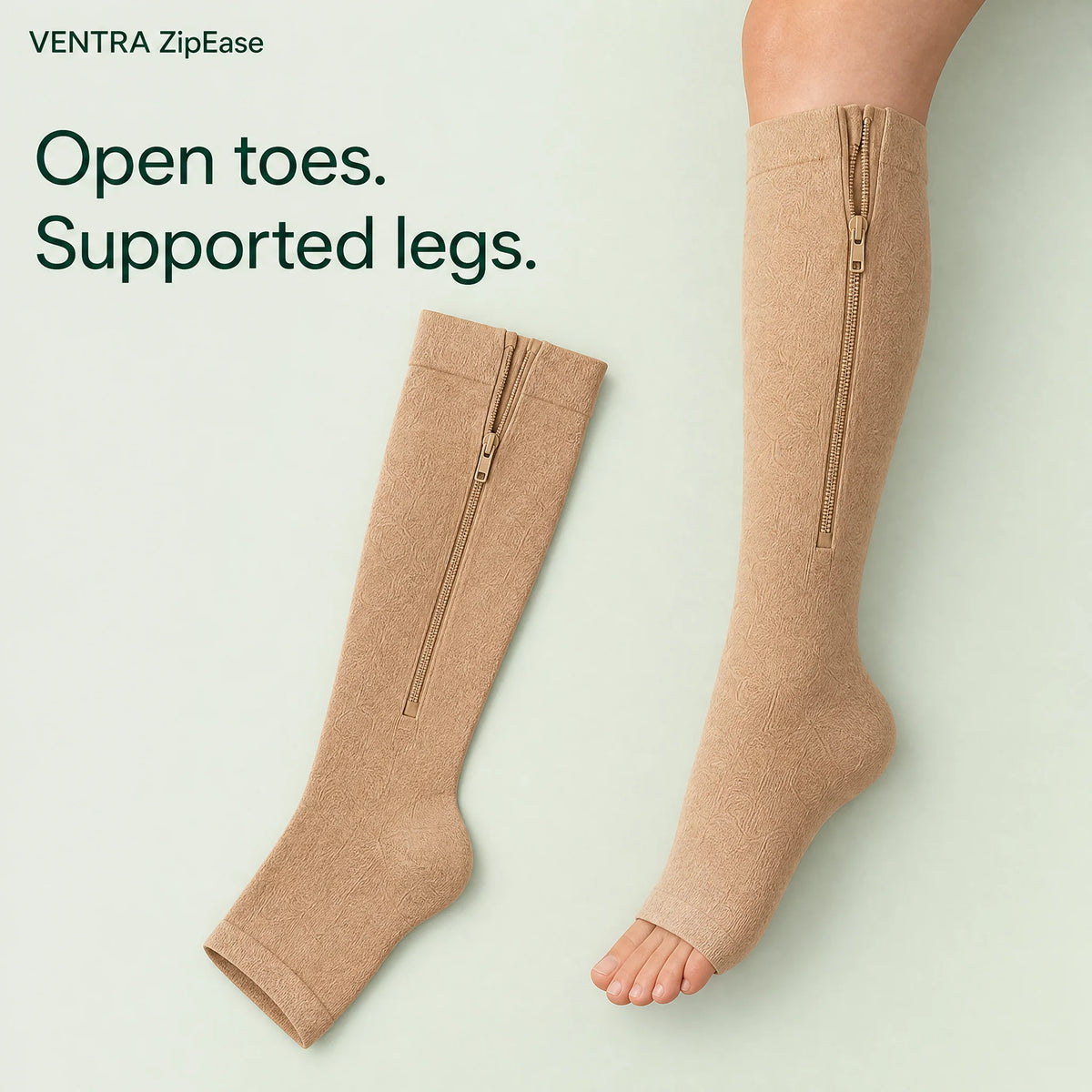 Open-toe Beige, Ventra ZipEase zip-up compression socks
