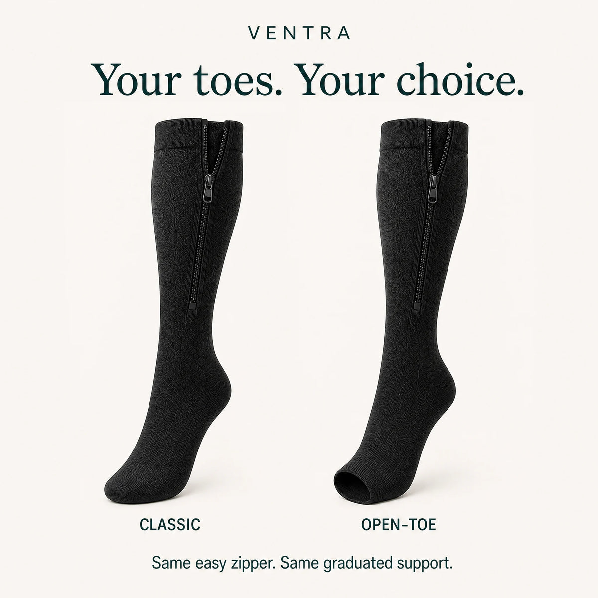 Classic and Open-toe: the same side zipper and support