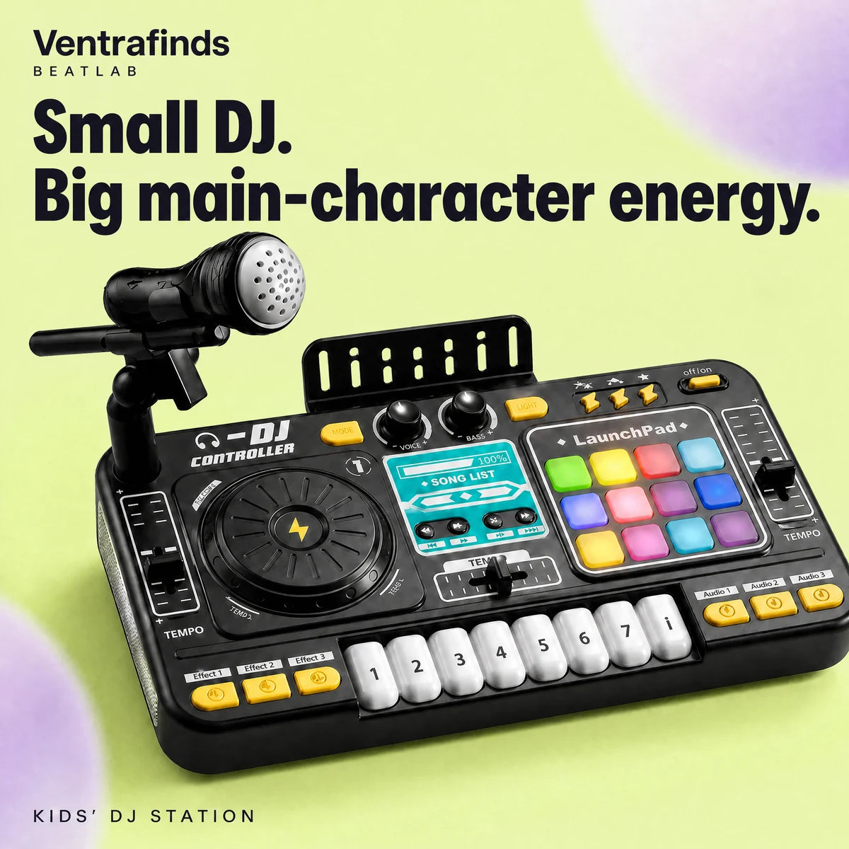 Ventrafinds BeatLab black kids DJ station with microphone, twelve pads and eight keys.