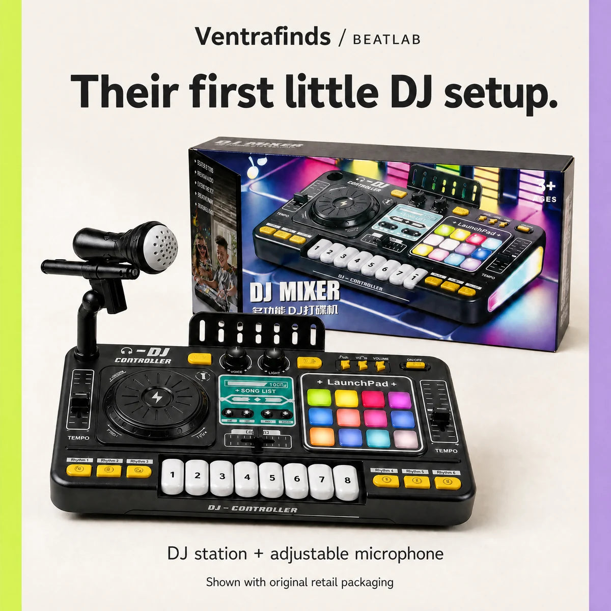 Black DJ station with microphone and original retail packaging.