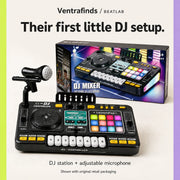 Black DJ station with microphone and original retail packaging.