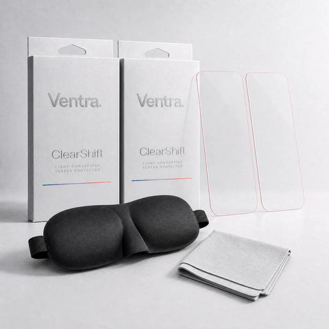 2 protectors, Ventra packaging, one sleep mask and one microfiber cloth