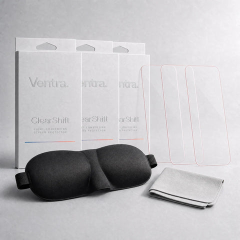 3 protectors, Ventra packaging, one sleep mask and one microfiber cloth