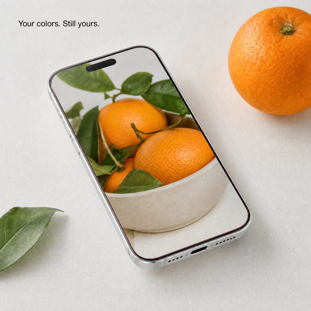 Clear glass over a phone displaying oranges, green leaves and neutral whites; clear glass with a fine red edge.