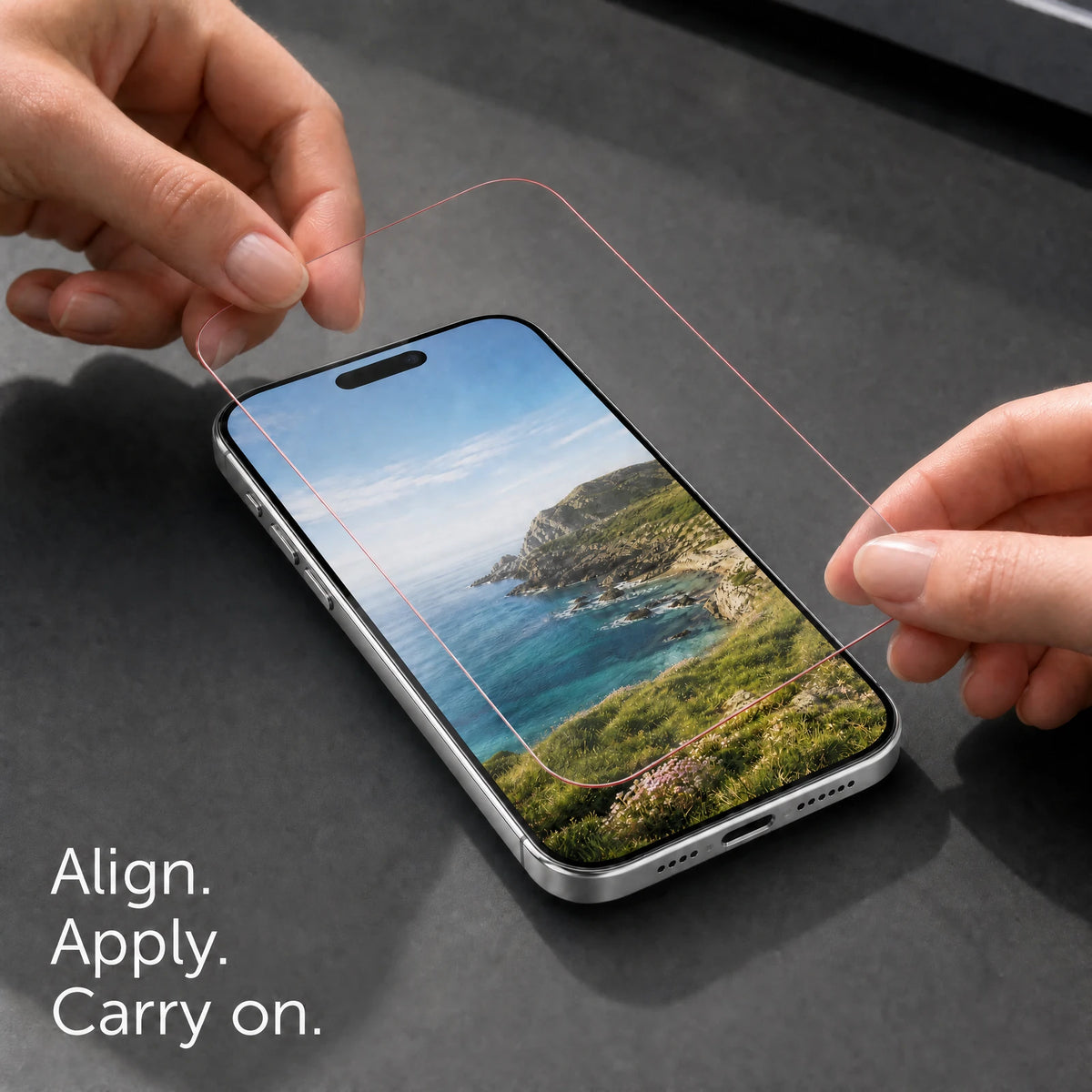 Hands aligning a clear screen protector with the phone before applying it; clear glass with a fine red edge.