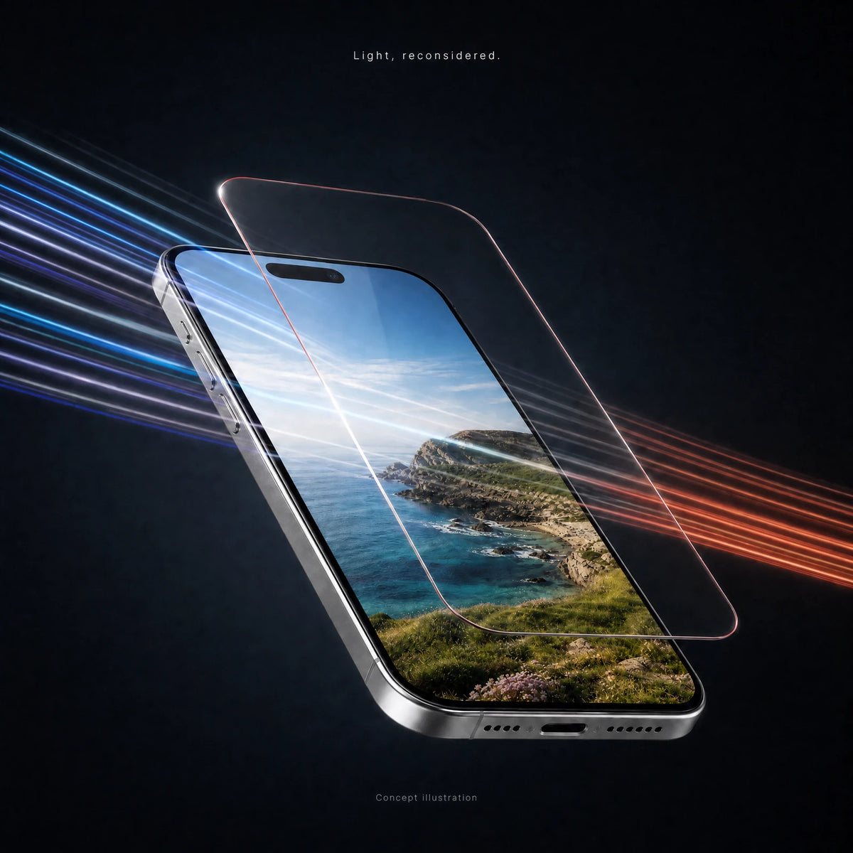 Concept illustration of blue-to-red light conversion with a clear protector; not measured performance; clear glass with a fine red edge.