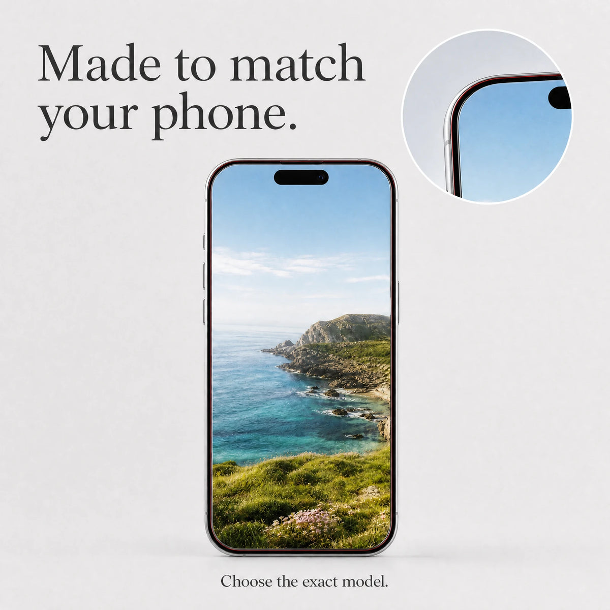 A model-specific fit concept showing the screen protector and rounded corner detail; clear glass with a fine red edge.