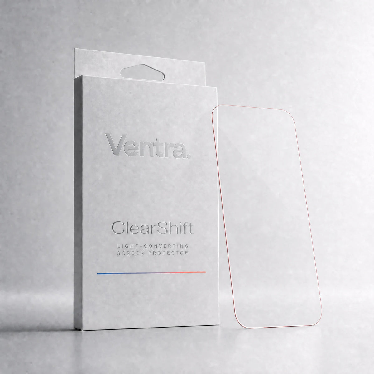Proposed Ventra Finds ClearShift packaging with one clear protector; packaging concept; clear glass with a fine red edge.