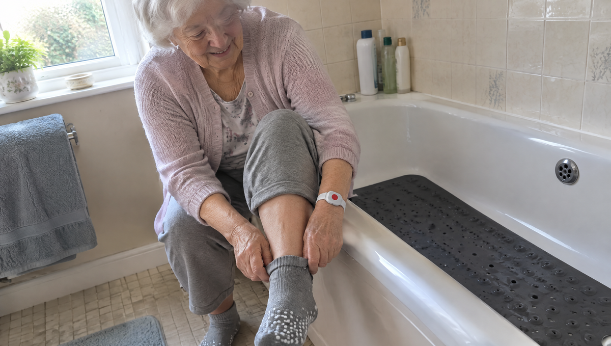 Grandmother on the edge of her tub pulling on grip socks, a non-slip mat in the tub and the band on her wrist