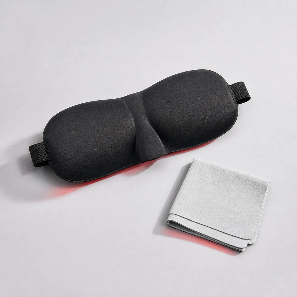 Wind-Down Kit: one black contoured sleep mask and one gray microfiber screen cloth.