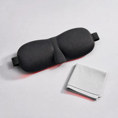 Black contoured sleep mask and gray microfiber cloth