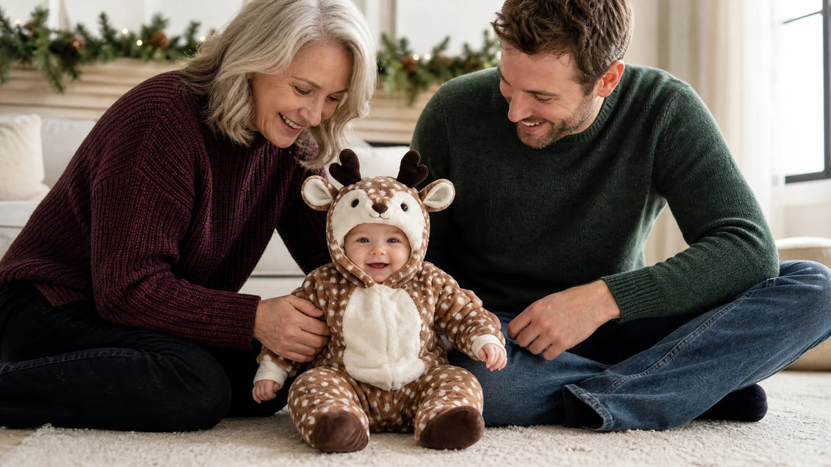 Baby in the reindeer onesie at a family holiday gathering