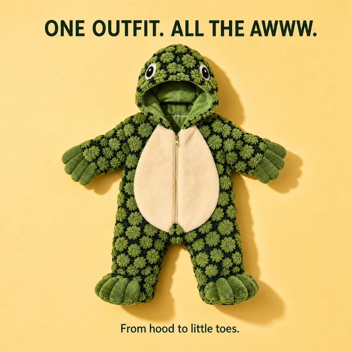 Full front of the Little Turtle plush onesie
