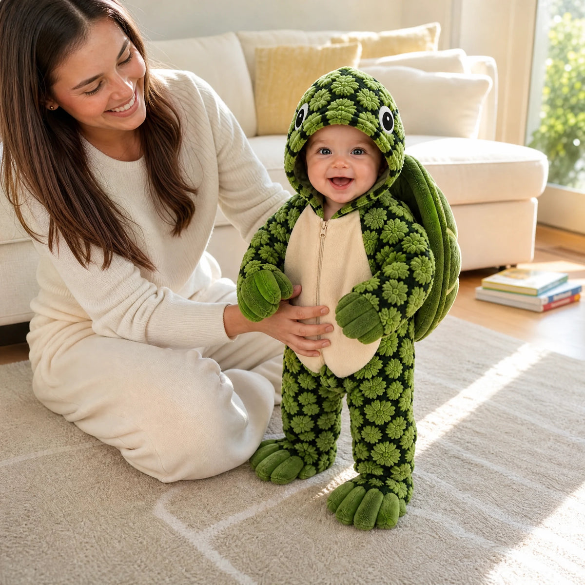 Little Turtle onesie worn with a parent nearby