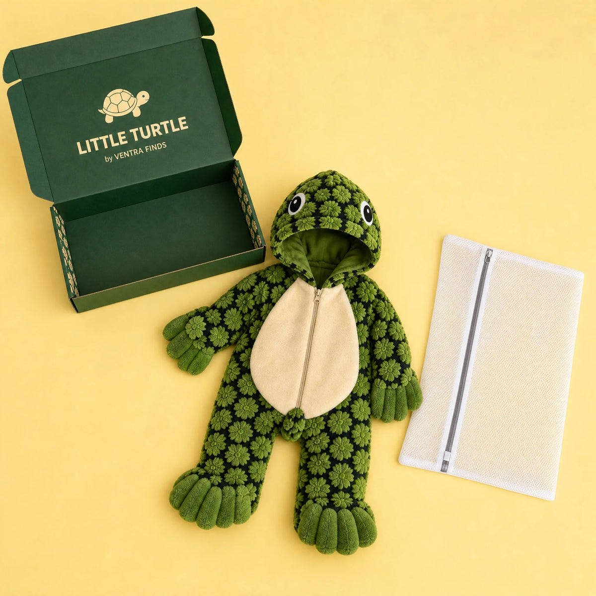 Included mesh care bag beside the Little Turtle outfit