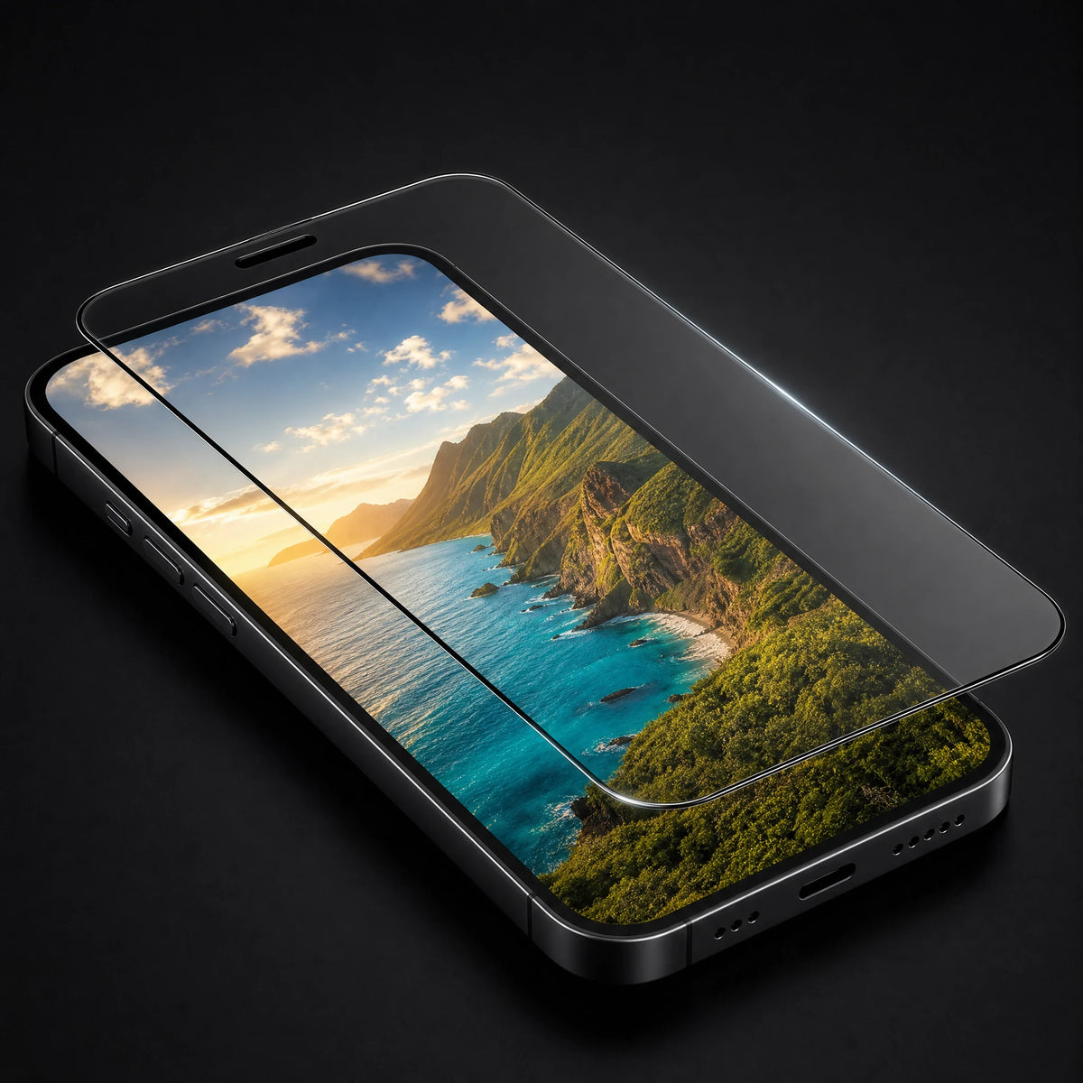 Clear Luma Screen protector lifted above a phone with a natural-color coastal landscape.
