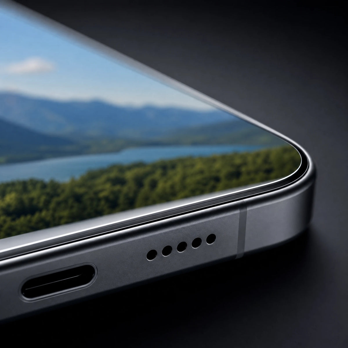 Close view of the thin clear protector edge aligned with a phone's rounded corner.