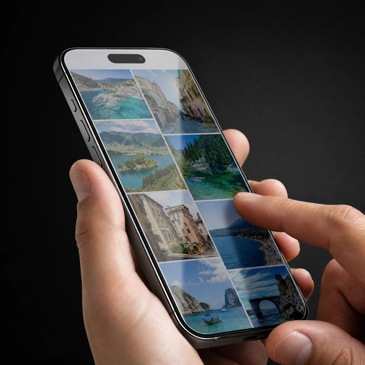A fingertip browsing a normal-color photo gallery on a phone with Luma Screen installed.