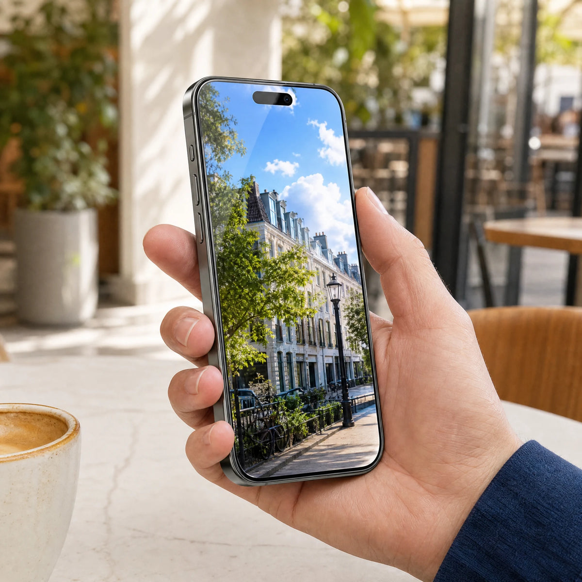 A hand holding a protected phone with a natural-color travel photo at a bright café.
