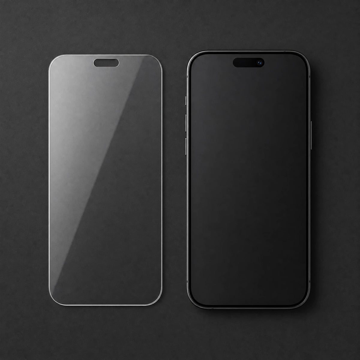 An overhead view of one clear rounded screen protector beside a matching phone.