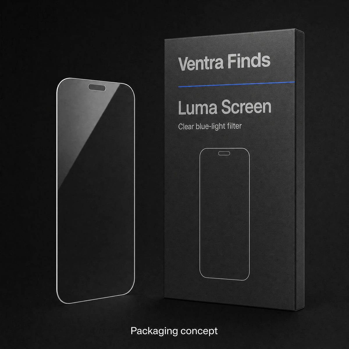 Luma Screen protector beside a proposed Ventra Finds carton, clearly labeled Packaging concept.
