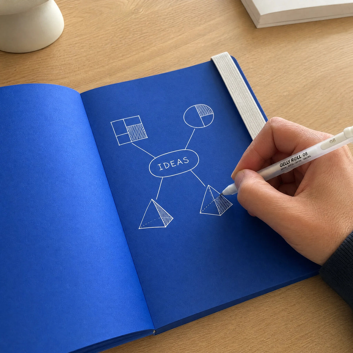 Writing a white-ink mind map on blue notebook pages